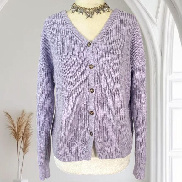 Hippie Rose Chunky Coquette Lilac Light Purple Knitted Knit Button Up Cardigan M - Picture 1 of 8